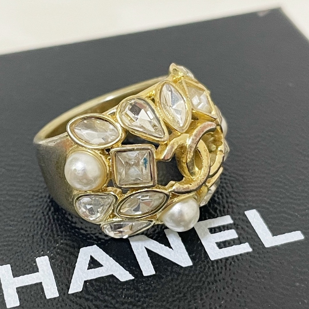 CHANEL シャネル リング メタル ココマーク ラインストーン パール