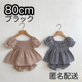 【SALE】ギンガムチェックセットアップ　80cm ブラック　韓国子供服(ロンパース)