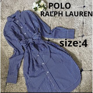 ポロラルフローレン(POLO RALPH LAUREN)の【美品】ポロ・ラルフローレン　サイズ4　シャツワンピース ブルー  ストライプ(シャツ/ブラウス(長袖/七分))