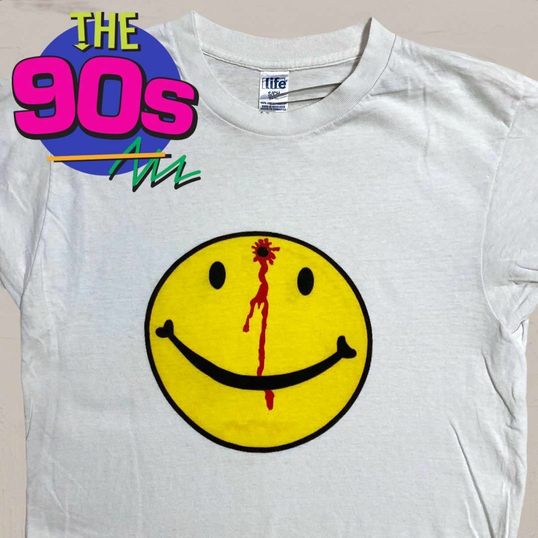 VLB Tシャツ ビンテージ 古着 90s 白 にこちゃん スマイリー ぶち抜き-