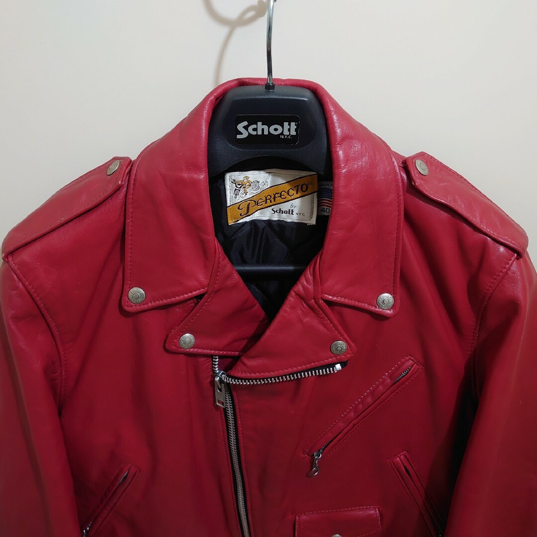 【希少】 Schott レザー ダウン ライダースジャケット L 赤 紺