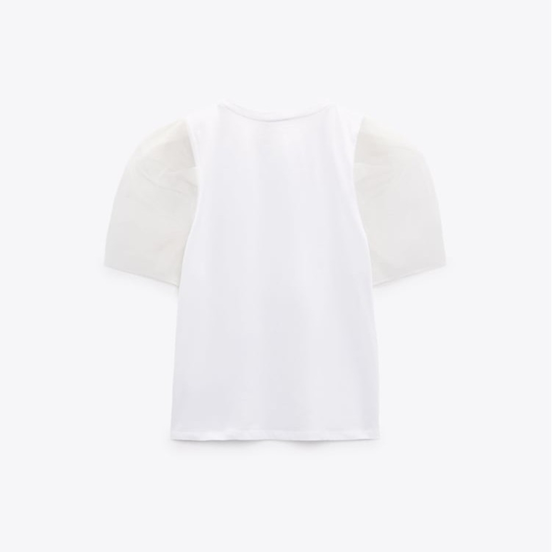 ZARA(ザラ)のZARA　ボリュームオーガンザトップス　Mサイズ　ホワイト レディースのトップス(Tシャツ(半袖/袖なし))の商品写真