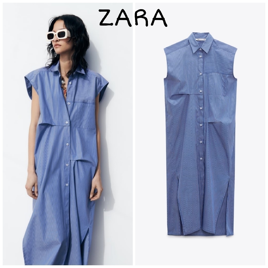 ZARA　ストライプ柄ポプリンワンピース　Mサイズ　ブルー