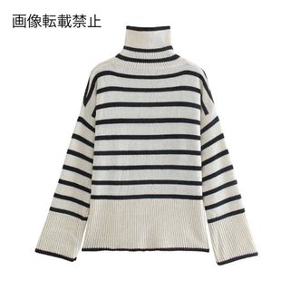 🍉8月新作☀️11905◇ボーダー 柄 タートルネック ニット セーター(ニット/セーター)