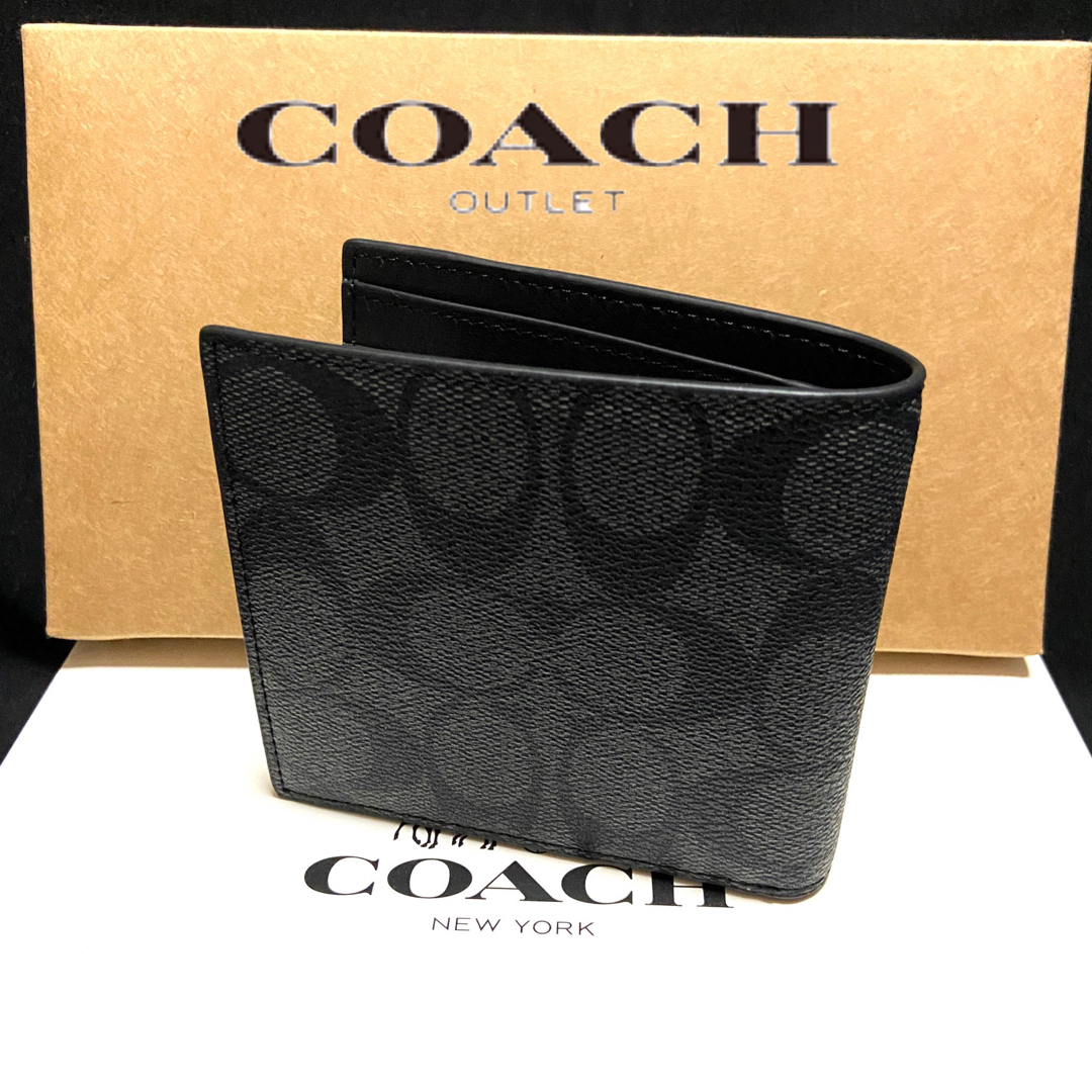 COACH(コーチ)の間もなく削除❗️コーチ スリム ブラック×チャコール ミニマル二つ折 財布 メンズのファッション小物(折り財布)の商品写真