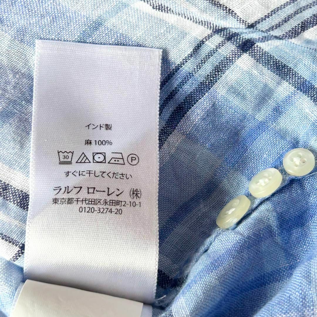 ラルフローレン 麻100% チェック柄シャツ ポニー刺繍 長袖 ブルー M w