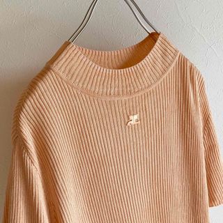 クレージュ(Courreges)のビンテージ クレージュ ロゴ ハイネック シルク 半袖 リブニット サーモン(ニット/セーター)