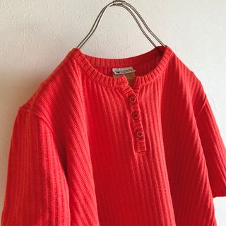 クレージュ(Courreges)のビンテージ クレージュ ヘンリーネック コットン アクリル 半袖 ニット レッド(ニット/セーター)