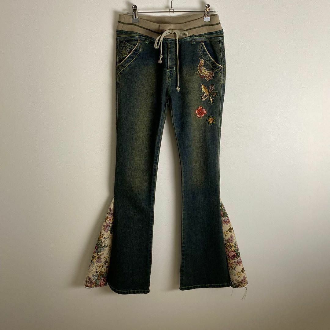 リメイクデニム ゴブラン織 刺繍デザイン ステッチ 青 ベージュ