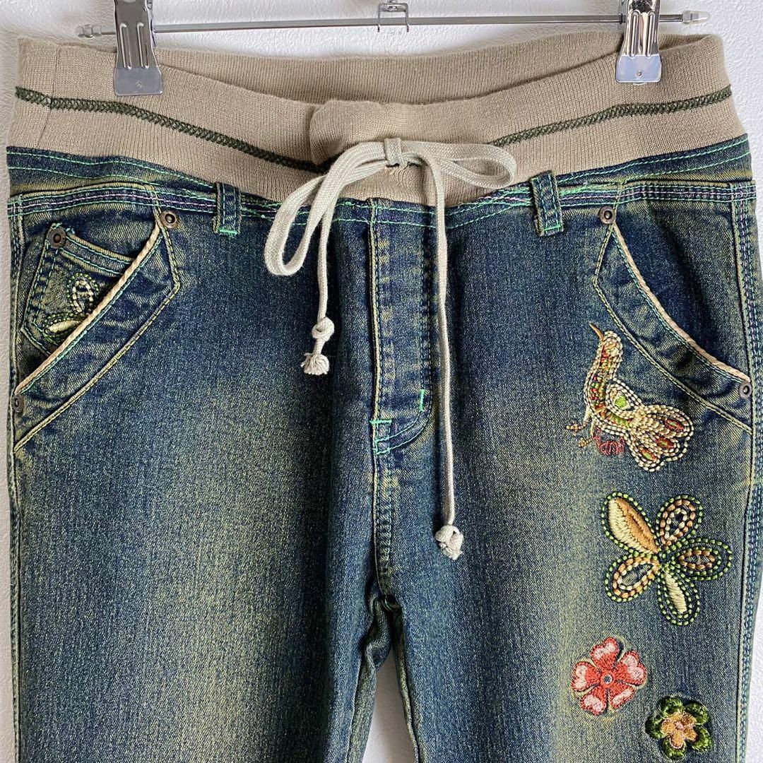 リメイクデニム ゴブラン織 刺繍デザイン ステッチ 青 ベージュ