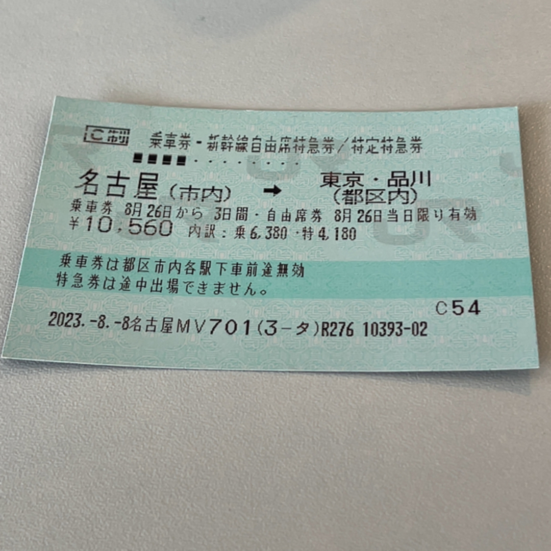 新幹線 チケット 名古屋　東京 品川 JR乗車券 自由席 特急券