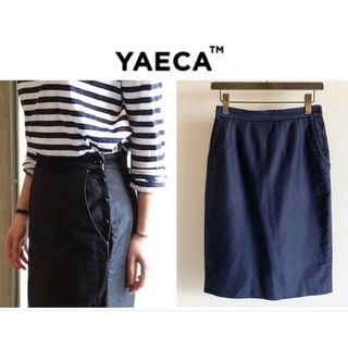 ヤエカ(YAECA)のYAECA ヤエカ サイド釦 コットン リネン タイトスカート M ネイビー(ひざ丈スカート)