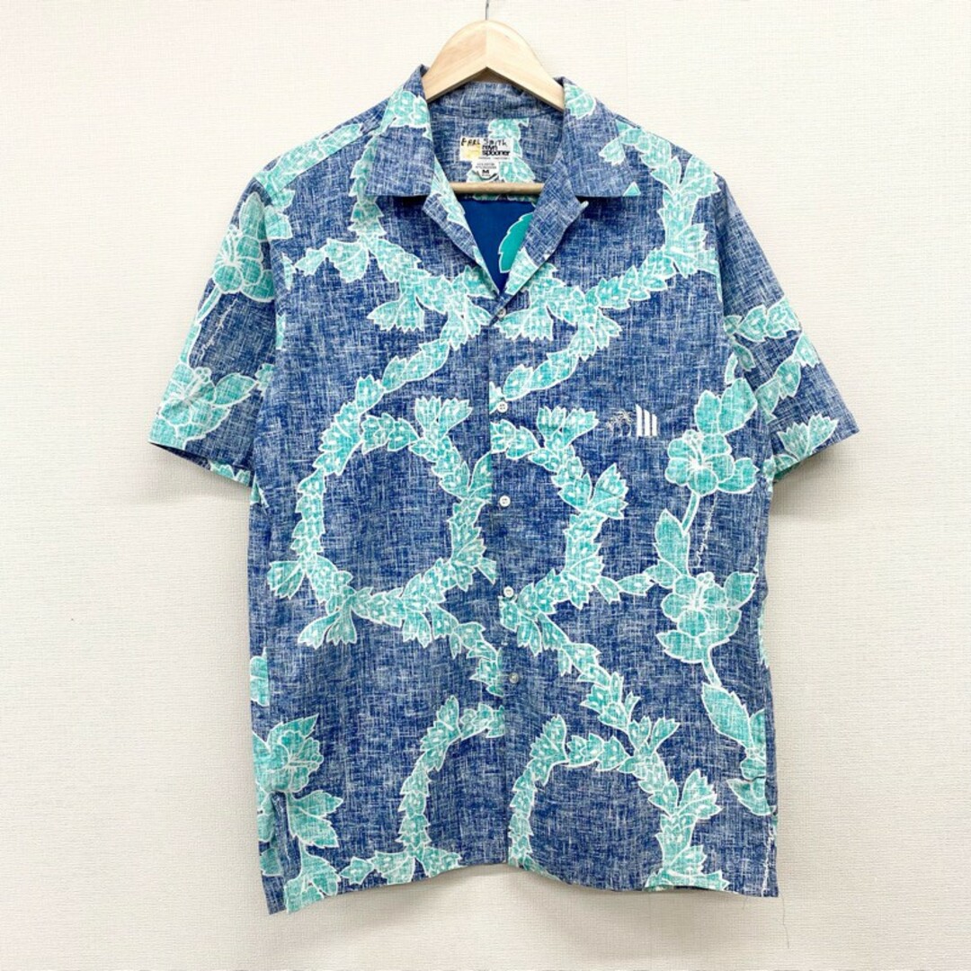 80年代 US古着 ハワイ製 レインスプーナー reyn spooner アロハシャツ 開襟シャツ 半袖 リバースプリント 総柄 植物柄 ワンポイント 刺繍 サイズ：メンズ M ネイビー×グリーン
