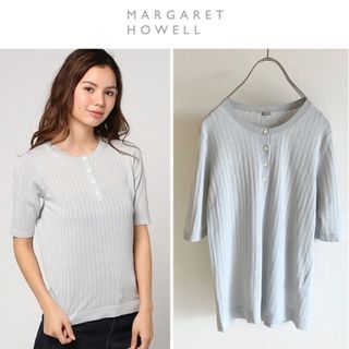 マーガレットハウエル(MARGARET HOWELL)のマーガレットハウエル ヘンリーネック コットン ニット カットソー ブルーグレー(ニット/セーター)