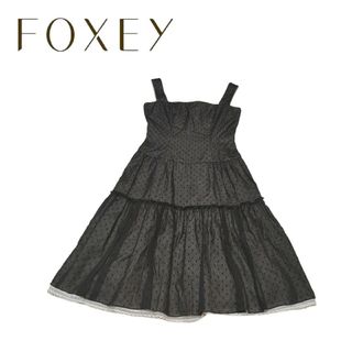 フォクシー(FOXEY)のFOXEY サンシェードワンピース レース ドット ストライプ スクエアネック(ひざ丈ワンピース)