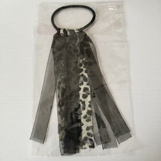 新品 ヘアゴム リボン シフォン生地 ブラック ヒョウ柄 アニマル柄 おしゃれ(ヘアゴム/シュシュ)