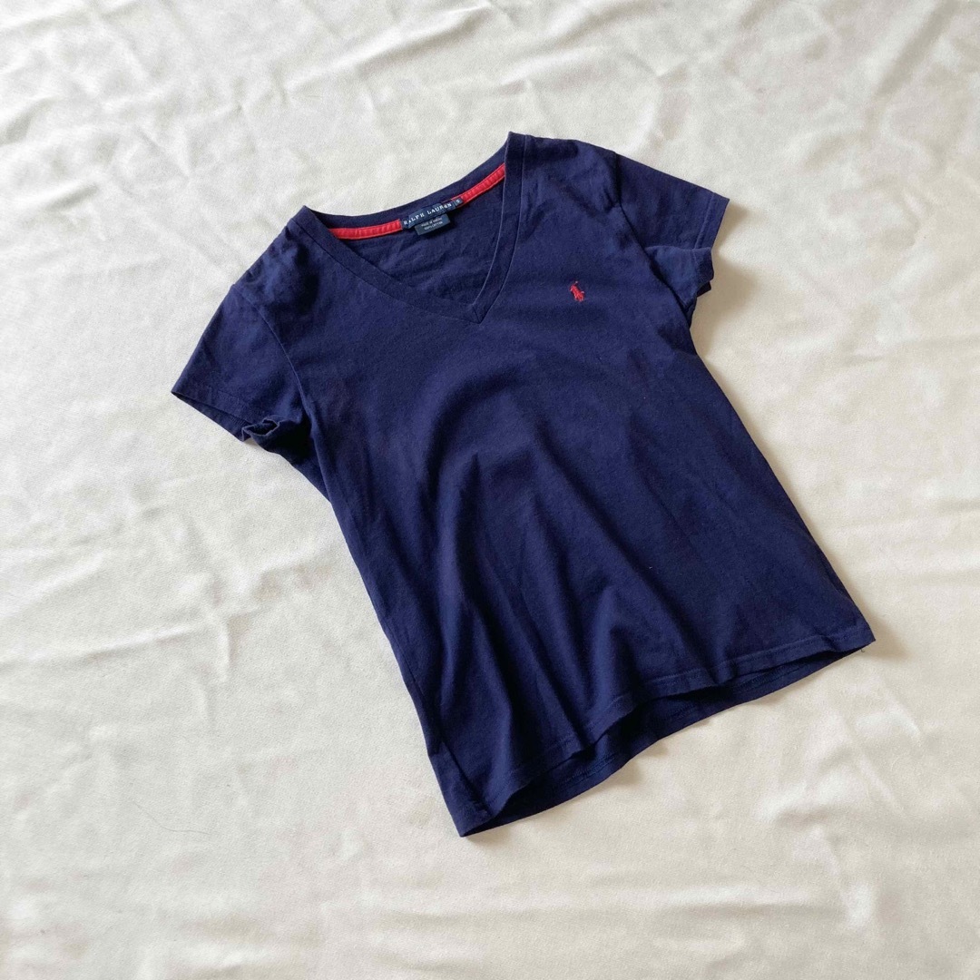 Ralph Lauren(ラルフローレン)のラルフローレン ロゴ刺繍 Vネック Tシャツ 半袖 カットソー S ネイビー レディースのトップス(Tシャツ(半袖/袖なし))の商品写真