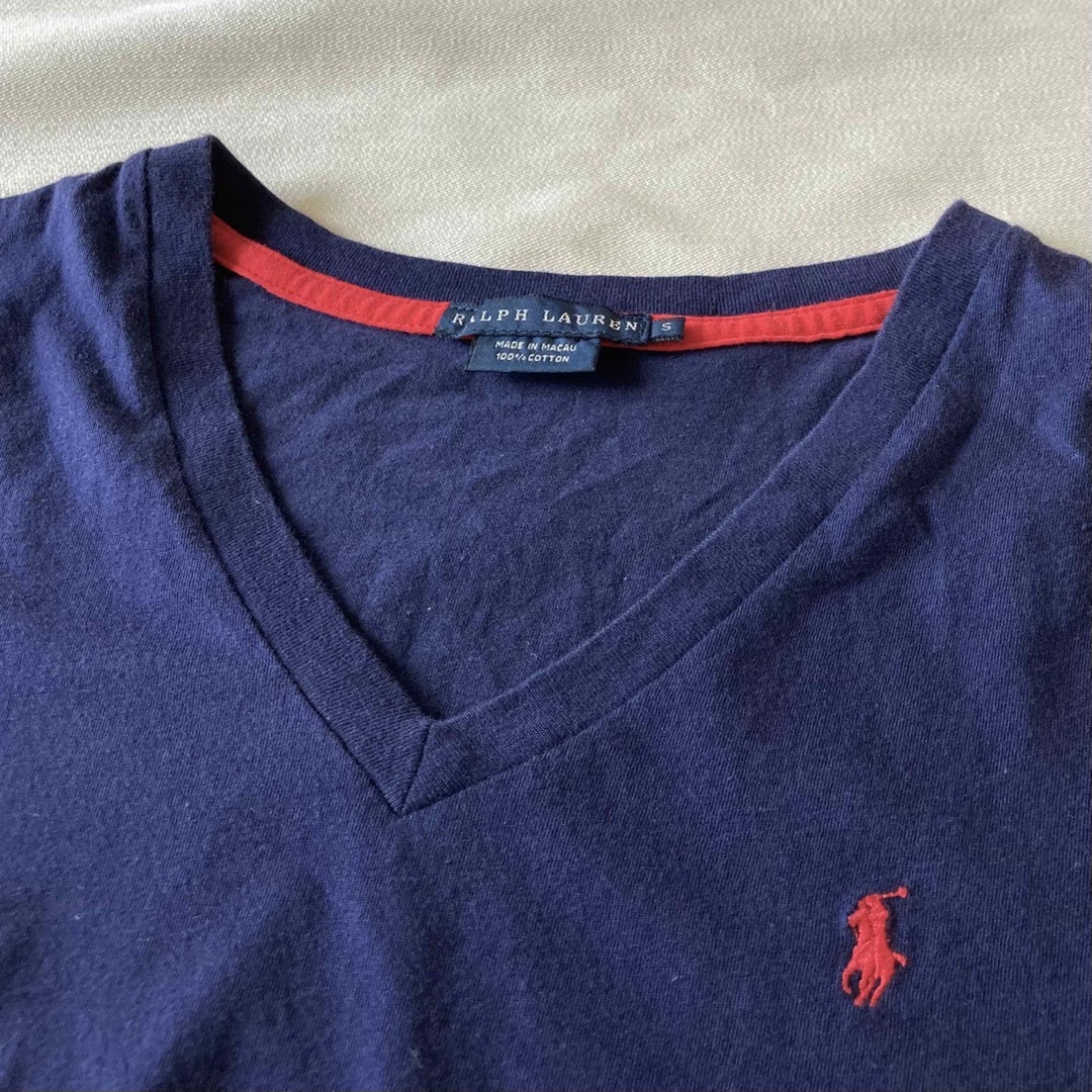 Ralph Lauren(ラルフローレン)のラルフローレン ロゴ刺繍 Vネック Tシャツ 半袖 カットソー S ネイビー レディースのトップス(Tシャツ(半袖/袖なし))の商品写真