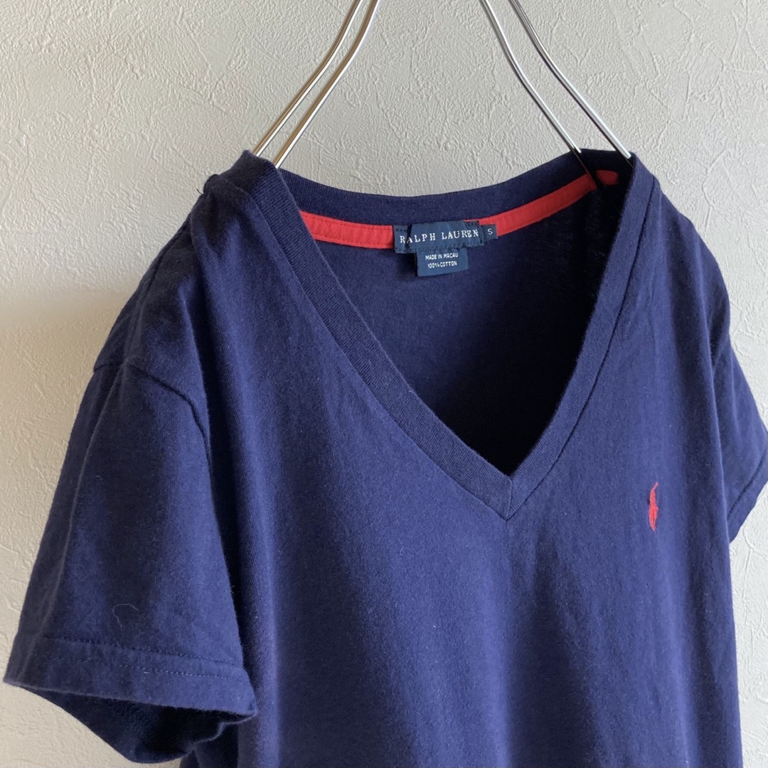Ralph Lauren(ラルフローレン)のラルフローレン ロゴ刺繍 Vネック Tシャツ 半袖 カットソー S ネイビー レディースのトップス(Tシャツ(半袖/袖なし))の商品写真
