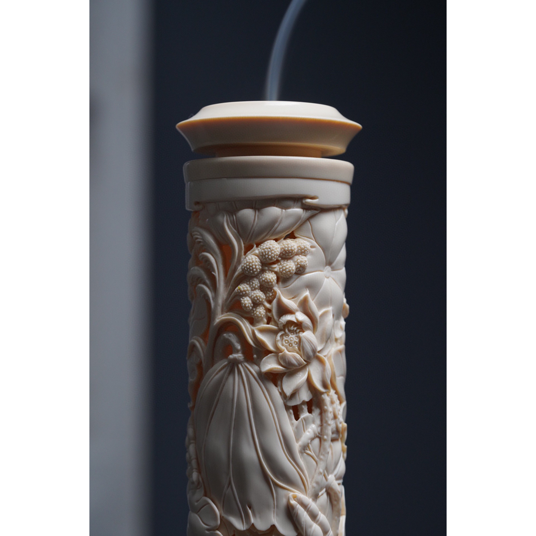 天然マンモス牙美しい手作り彫刻一鷺蓮昇香筒