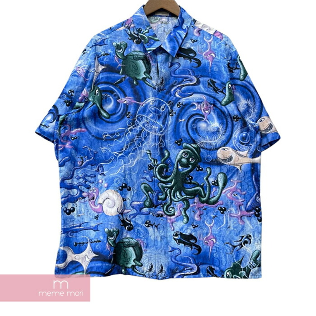 Dior×Kenny Scharf 2021AW Shirt Blue Silk and Cotton Jacquard 033C508A5196 ディオール×ケニー・シャーフ ブルーシルク&コットンジャガードシャツ 半袖 シルク混 総柄 オブリーク ロゴ 海 ブルー サイズ41【230817】【-B】【me04】