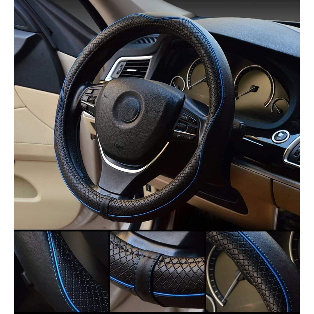 ラスト1点‼️ ハンドルカバー 軽自動車 本革 ステアリングカバー ブルーライン 自動車/バイクの自動車(車内アクセサリ)の商品写真