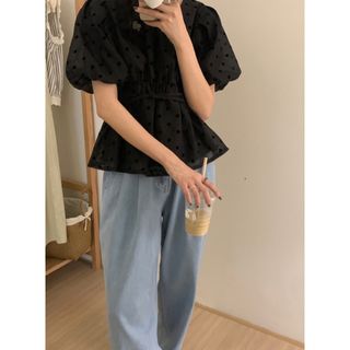 グレイル(GRL)のGRL グレイル 新品 未使用 美品 ペプラムブラウス ドット柄 シアー リボン(シャツ/ブラウス(半袖/袖なし))