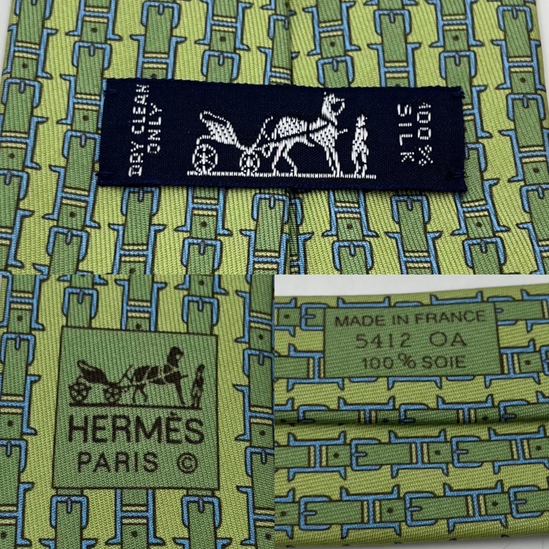 【限定価格】HERMES エルメス ネクタイ ベルトモチーフ ストライプ 総柄 ビジネス ファッションアイテム  シルク    グリーン 緑 メンズ 定番 美品【品】 3