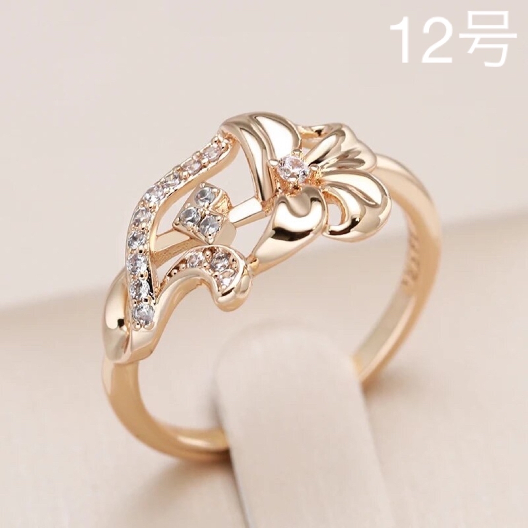 【14KGP刻印585RG】百合 リリー 花 小粒ジルコン リング レディースのアクセサリー(リング(指輪))の商品写真