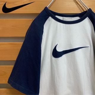 ナイキ(NIKE)のNIKE ナイキ センターロゴ 半袖Tシャツ 切り替え 白色紺色 古着 Lサイズ(Tシャツ(半袖/袖なし))