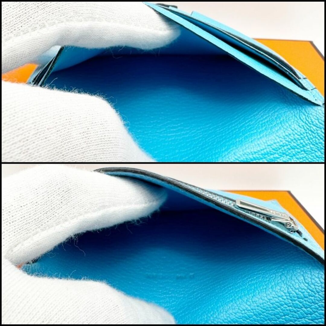 エルメス　べアンコンパクト　シェーブル　財布　ブルー　青　水色