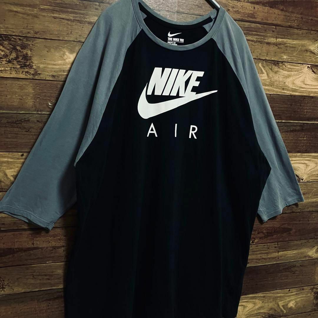 NIKE(ナイキ)の6469 古着　ラグランtシャツ 七分袖　NIKE ナイキ　2XL グレー黒 メンズのトップス(Tシャツ/カットソー(七分/長袖))の商品写真