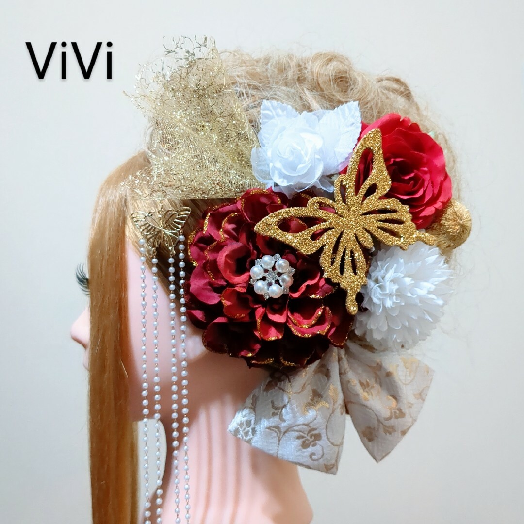 髪飾りViVi～簪&蝶々付き・赤白金ダリア薔薇～成人式 結婚式 花魁 かんざし