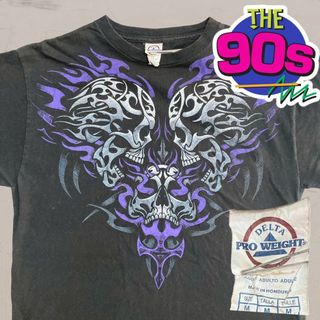 UDE  Tシャツ DELTA 古着 90s 黒 ドクロ　スカルパイル　ファイア(Tシャツ/カットソー(半袖/袖なし))