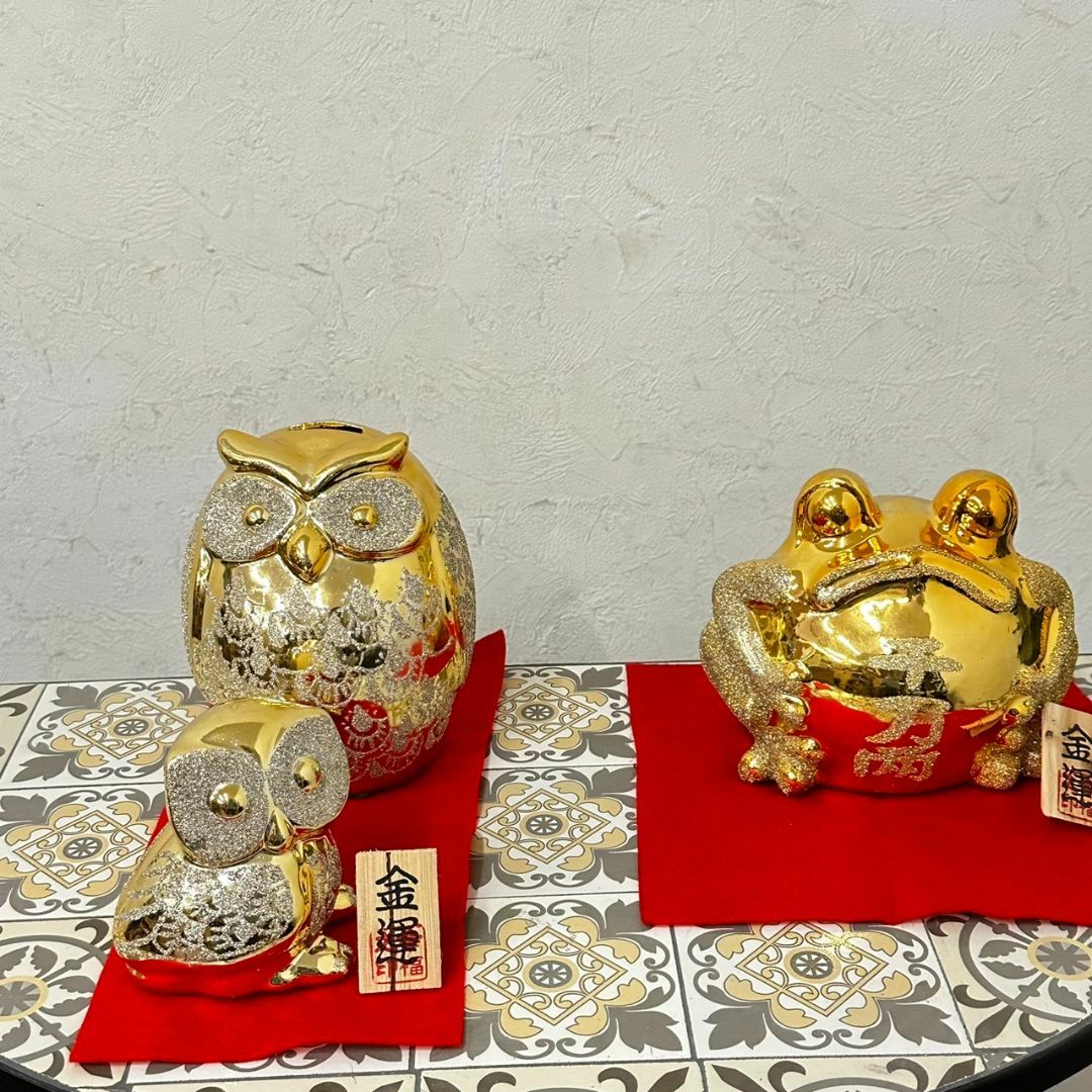 風水　置物　オブジェ　金運　貯金箱　　陶器　フクロウ　蛙