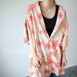 アートヴィンテージ(ART VINTAGE)の【vintage】ヤシの木 柄 シルク 開襟 半袖シャツ XL ペールオレンジ(シャツ)