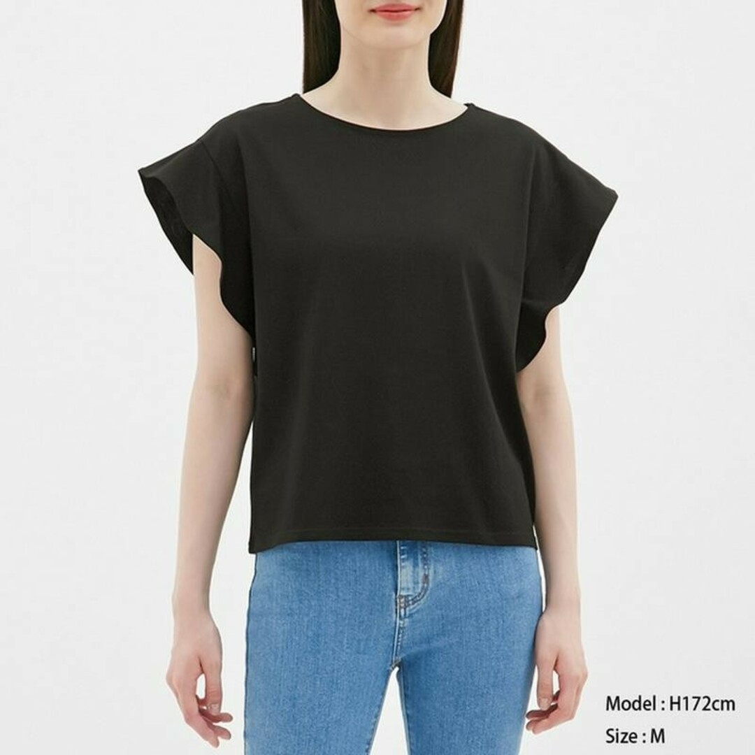 GU ジーユー＊フレアスリーブTシャツ・ブラック M レディースのトップス(Tシャツ(半袖/袖なし))の商品写真
