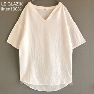 ルグラジック(LE GLAZIK)の391美品ルグラジック リネン100％半袖Vネックブラウス白日本製(シャツ/ブラウス(半袖/袖なし))