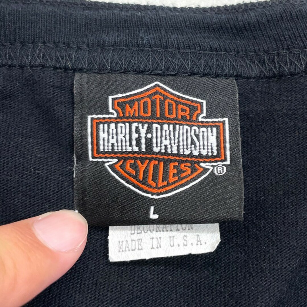 US USA製 ハーレー ダビッドソン HARLEY-DAVIDSON ヘンリーネック ロングスリーブ Tシャツ ロンT ポケット付き ロゴ スカル プリント 長袖 サイズ：L ブラックTシャツ/カットソー(半袖/袖なし)