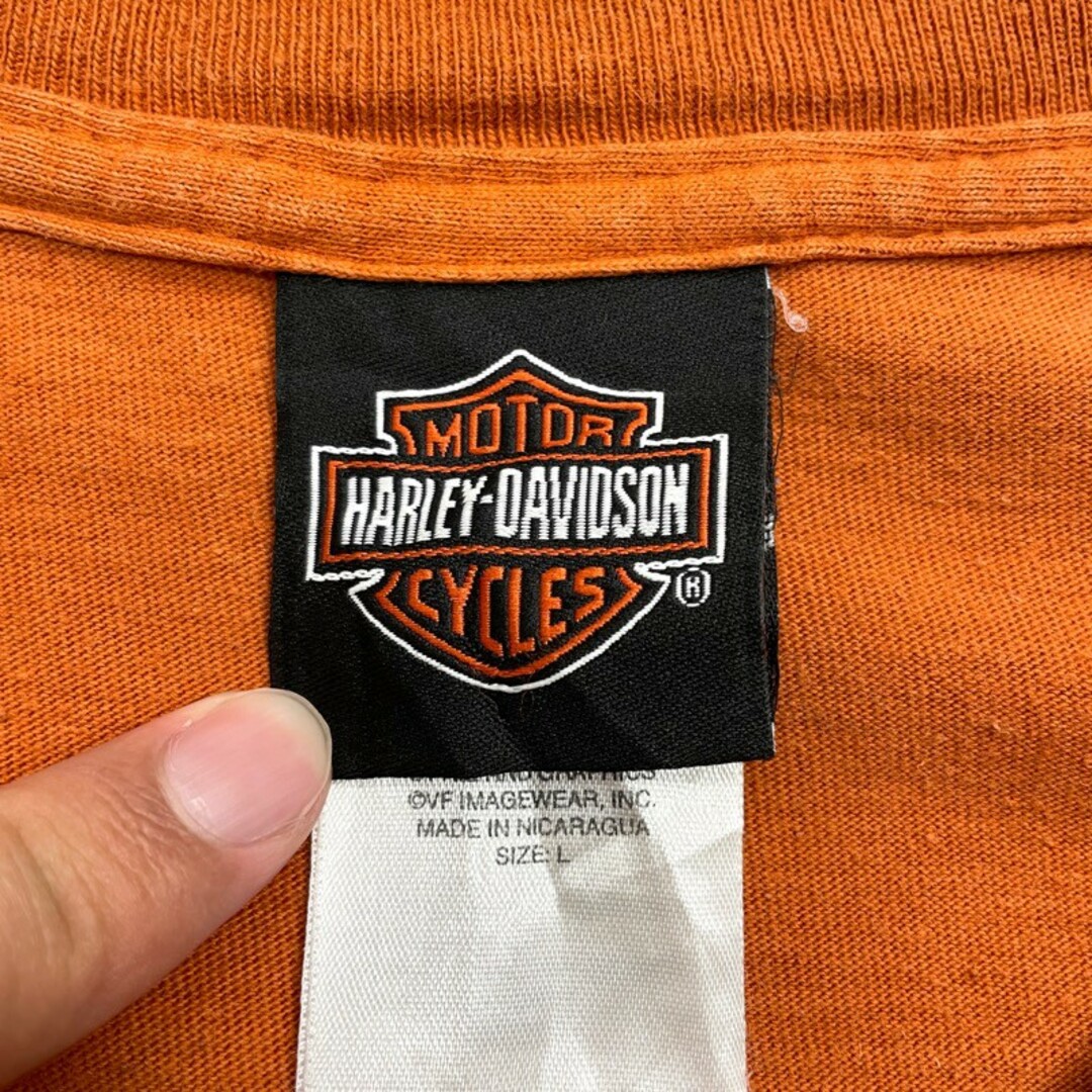 Hurley(ハーレー)のUS古着 ハーレー ダビッドソン HARLEY-DAVIDSON ロングスリーブ Tシャツ ロンT ロゴ 両面プリント 袖プリント 長袖 サイズ：L ダークオレンジ【中古】 メンズのトップス(Tシャツ/カットソー(半袖/袖なし))の商品写真