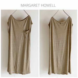 マーガレットハウエル(MARGARET HOWELL)のマーガレットハウエル ポケット付 フレンチスリーブ リネン ニット ワンピース(ひざ丈ワンピース)