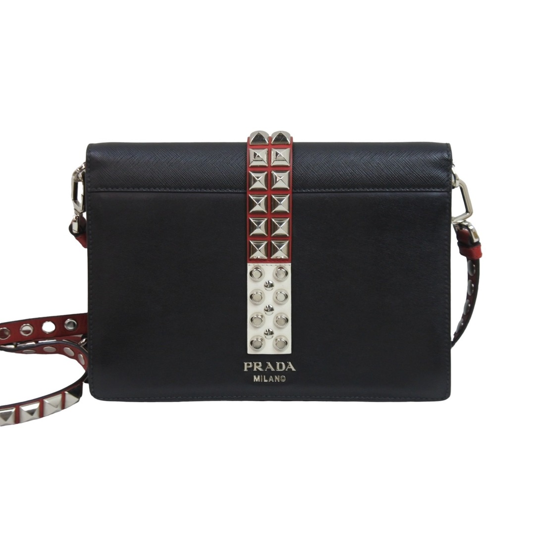 PRADA プラダ ショルダーバッグ エレクトラ スタッズ クロスボディバッグ 1BD120 ブラック レッド シルバー金具 美品  53341