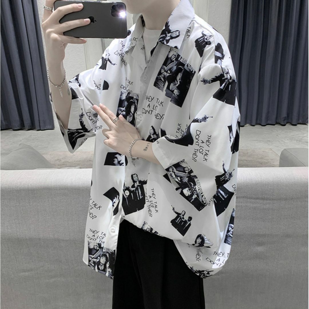韓国ファッション　フォトプリント 半袖 シャツ ホワイトL　 メンズのトップス(シャツ)の商品写真