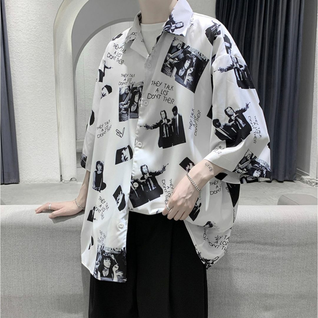 韓国ファッション　フォトプリント 半袖 シャツ ホワイトL　 メンズのトップス(シャツ)の商品写真