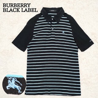 バーバリーブラックレーベル(BURBERRY BLACK LABEL)のバーバリーブラックレーベル　ボーダー柄ポロシャツ　ラグランスリーブ　黒　水色　M(ポロシャツ)