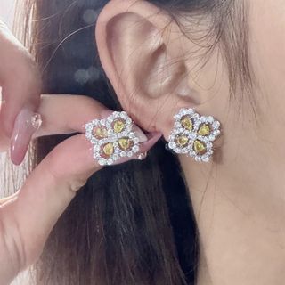 セール❣️【925刻印】クローバー フラワー CZダイヤ ピアス＊イエロー＊(ピアス)