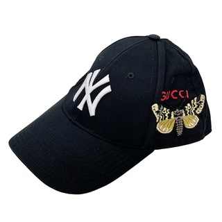 グッチ GUCCI 帽子 キャップ ニューヨークヤンキース NY バタフライパッチ ロゴ コットン ブラック シルバー