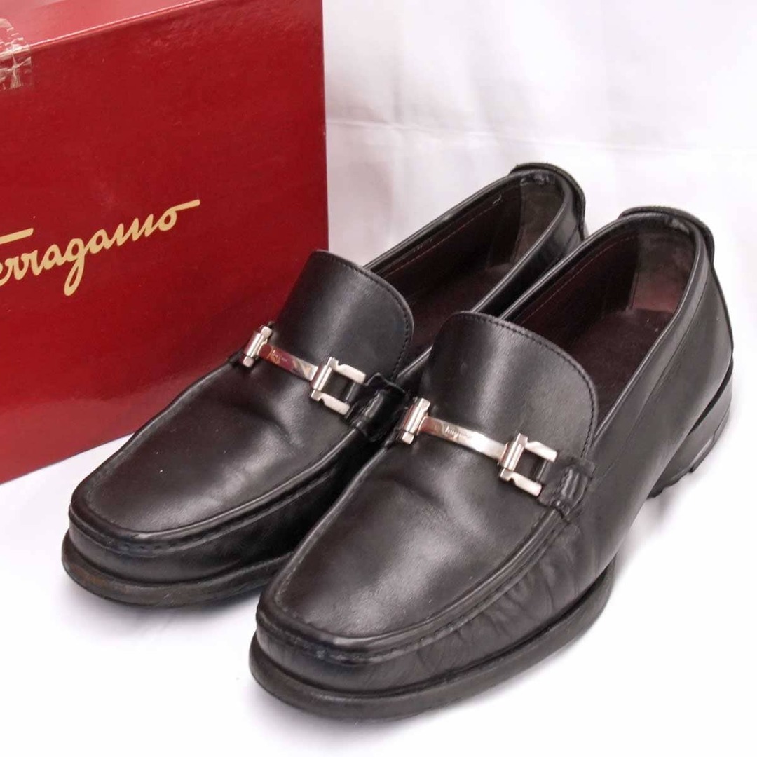 『USED』 Salvatore Ferragamo フェラガモ PASQUALE ローファー レザー ブラック メタルビット ビジネスシューズ265cmくつ幅