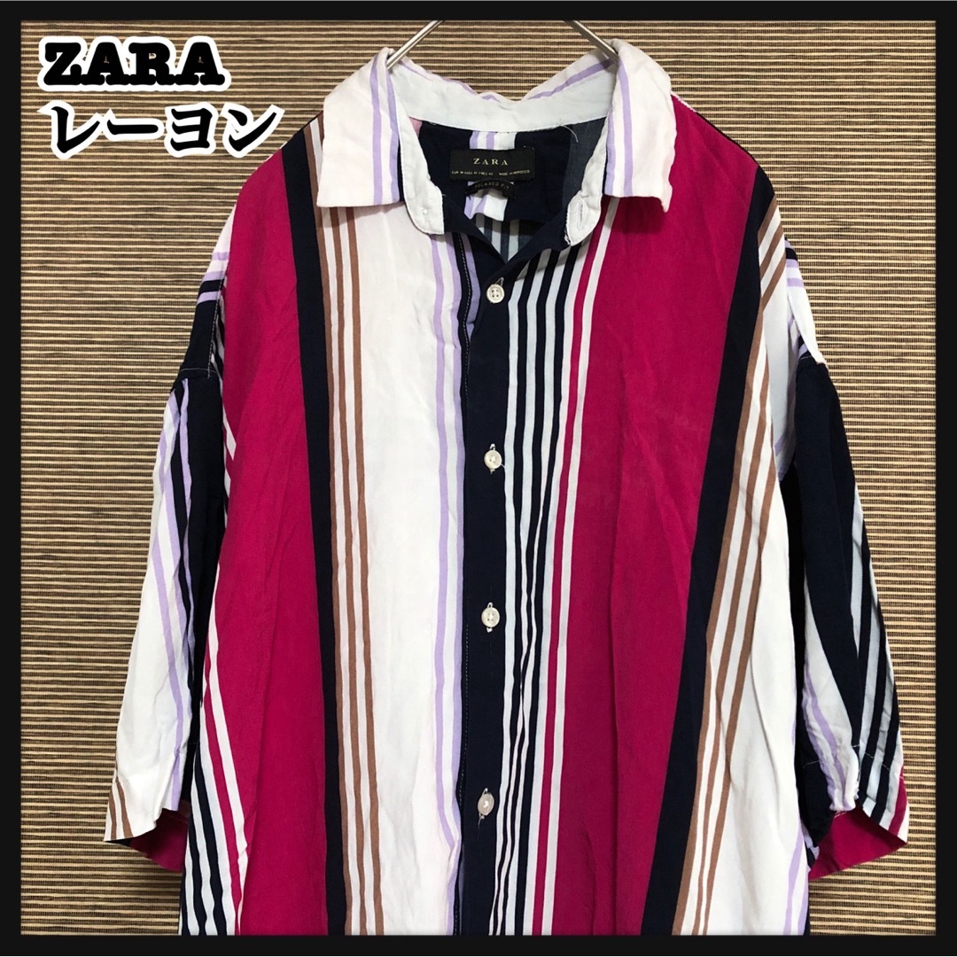 ZARA(ザラ)の【ザラ】半袖シャツ 柄シャツ　レーヨン　ストライプ　ド派手　カラフル48 メンズのトップス(シャツ)の商品写真