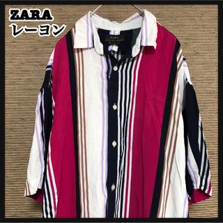 ザラ(ZARA)の【ザラ】半袖シャツ 柄シャツ　レーヨン　ストライプ　ド派手　カラフル48(シャツ)